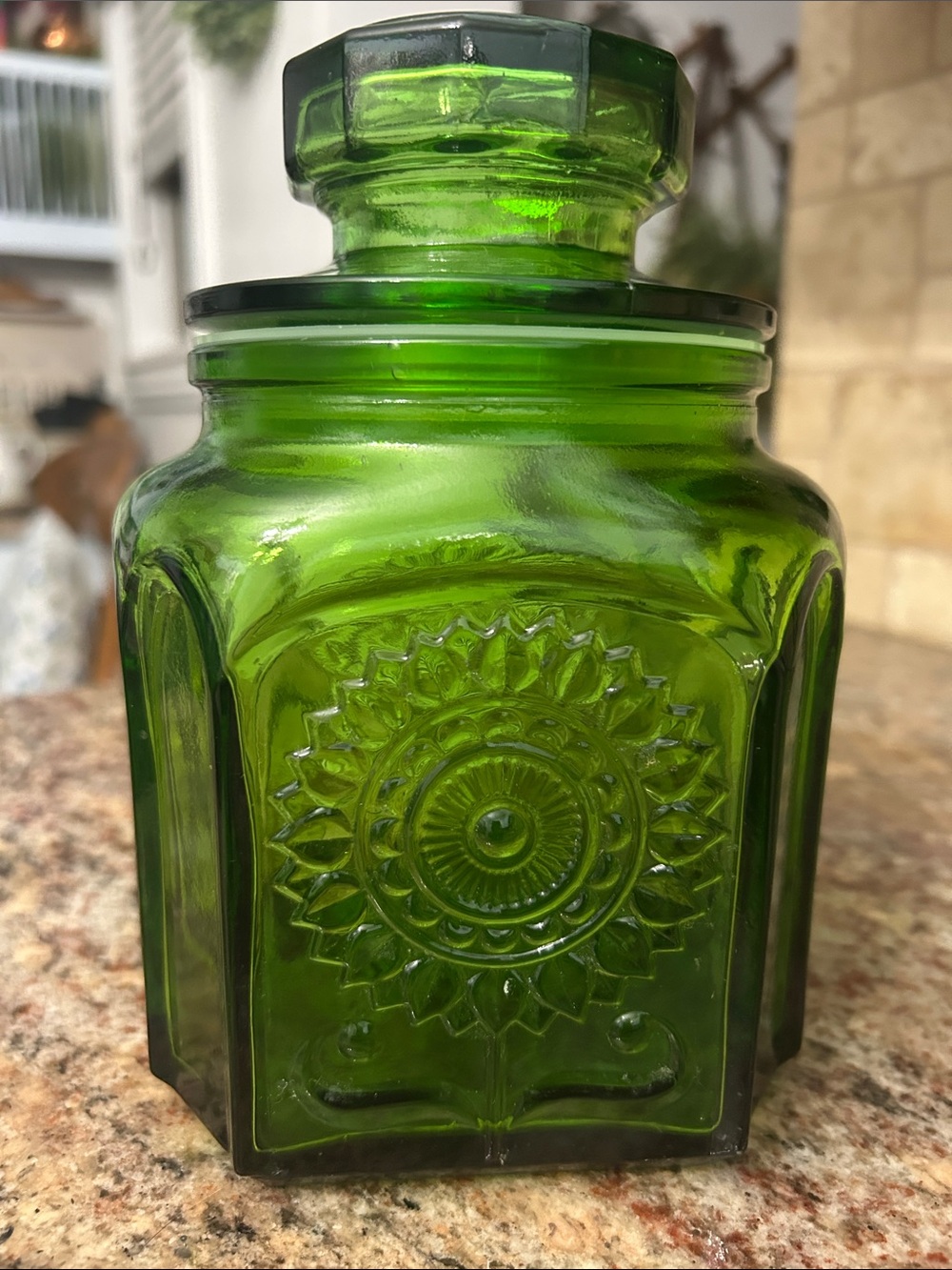 Wheaton Green Decorative Glass Canister with Sunburst Medallion